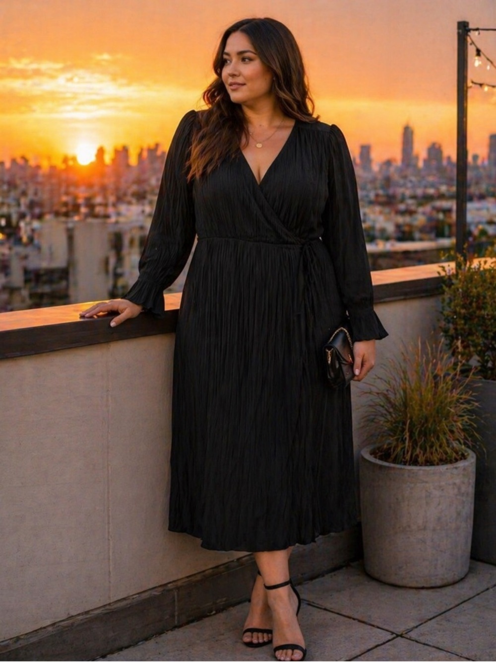 Part Two Pleated Wrap Dress Black Size 40 Minimalist Midi Elegant Chic Party